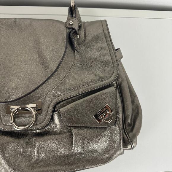 Salvatore Ferragamo Authentic Womens Bronze Leather Lock Closure Shoulder Bag - Picture 4 of 9